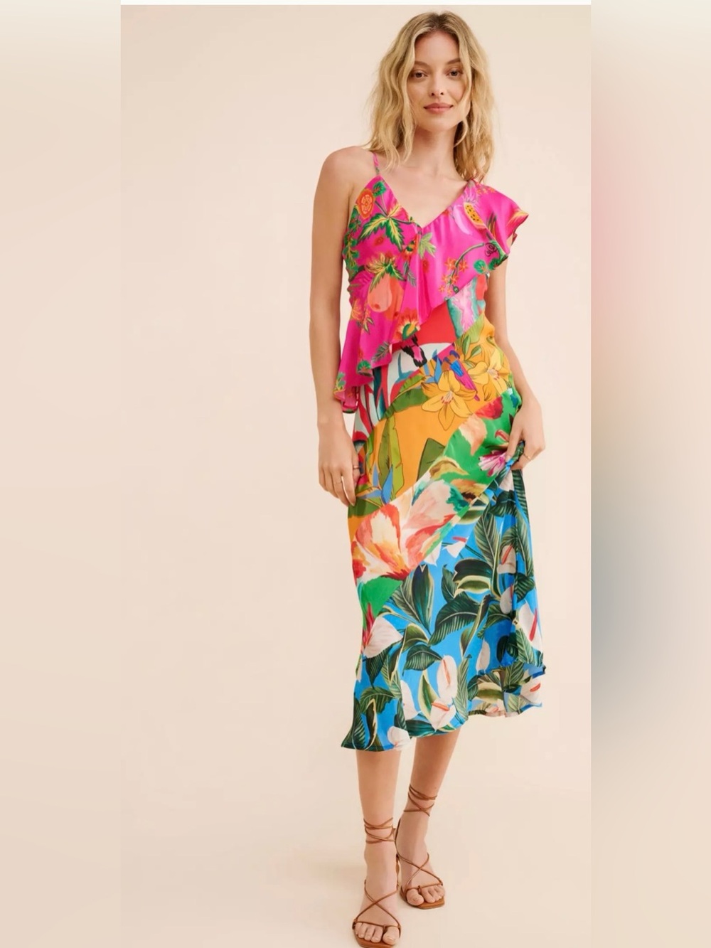FARM Rio Mixed Flowery Ruffle One Strap Midi Dress Womans size large